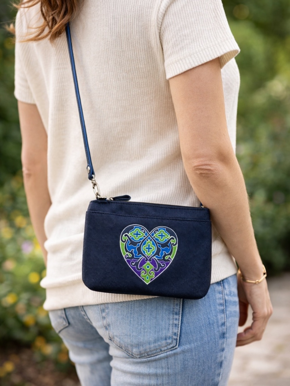 Brighton Summer Hearts Blue Saffiano Leather Crossbody Bag Purse SEE ALL PICS.